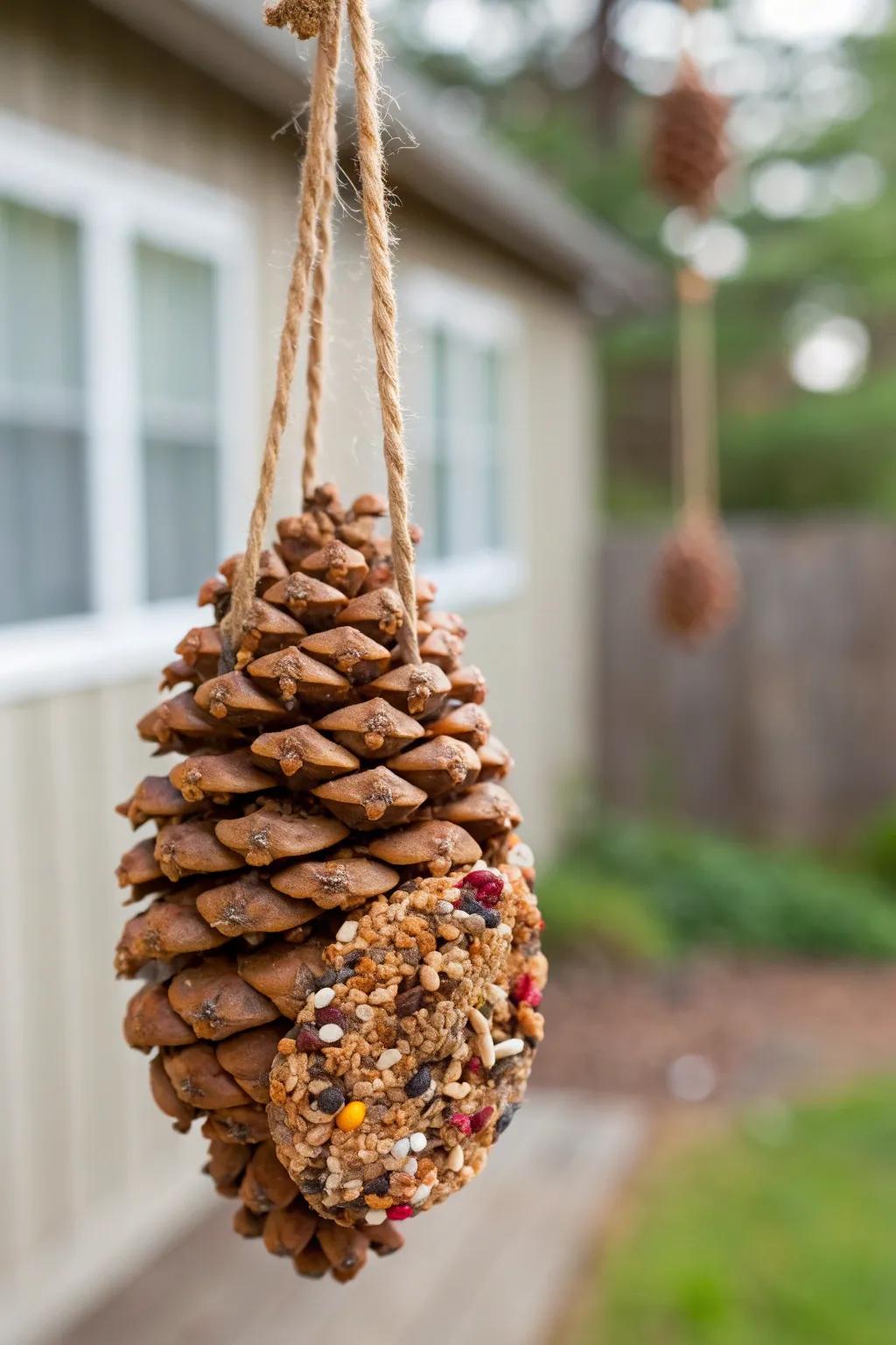 Welcome nature to your yard with this charming DIY pine cone bird feeder—where simplicity meets natural beauty.