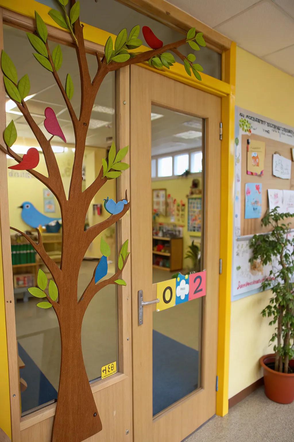 A door decorated with birds perched on a branch.