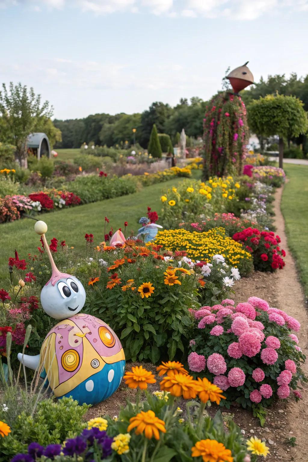 Whimsical garden art adds charm to a colorful flower bed.