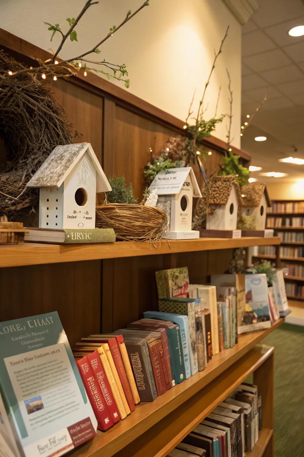 A lively library display featuring birdhouses and nest decorations.