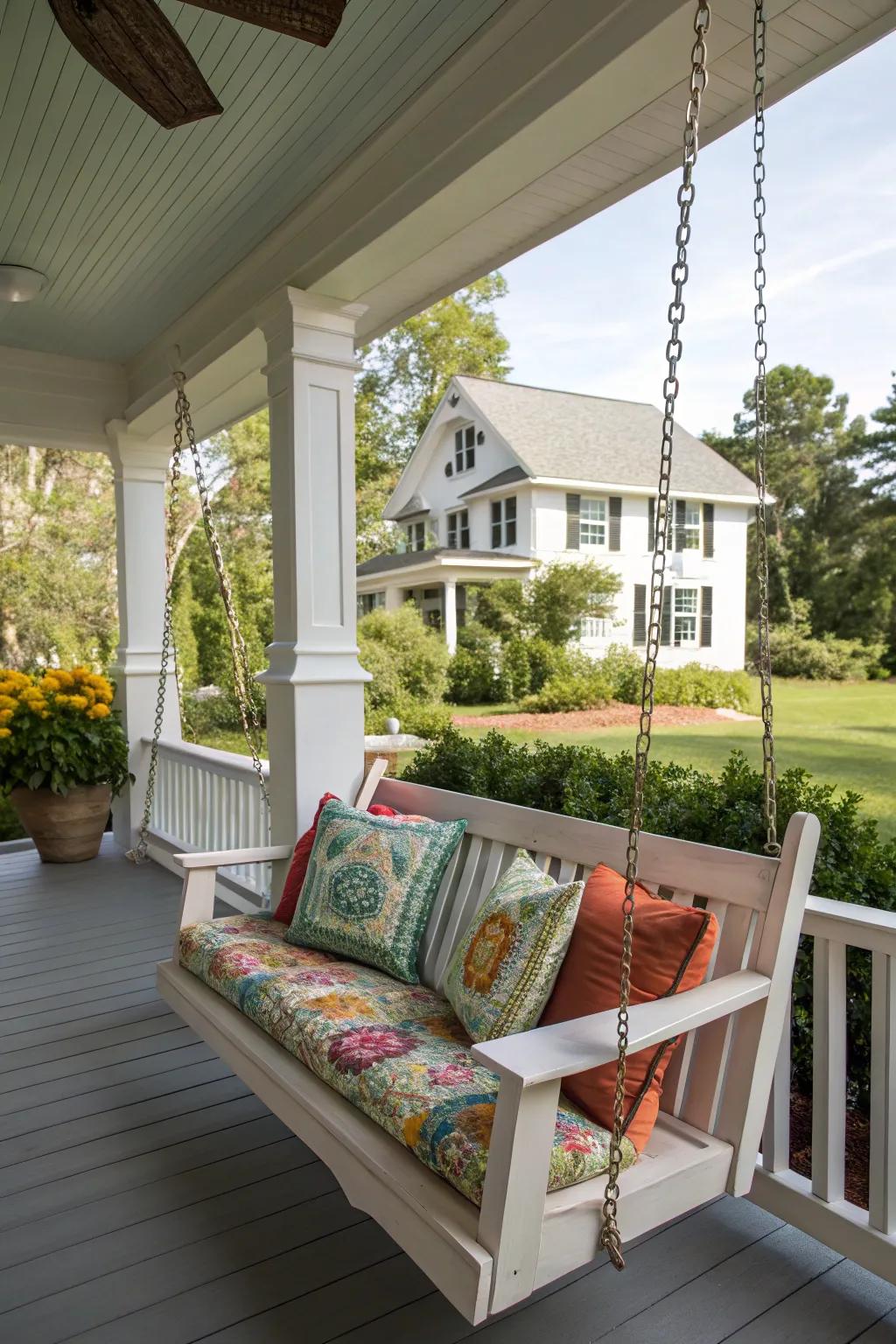 A cozy porch swing perfect for relaxation.