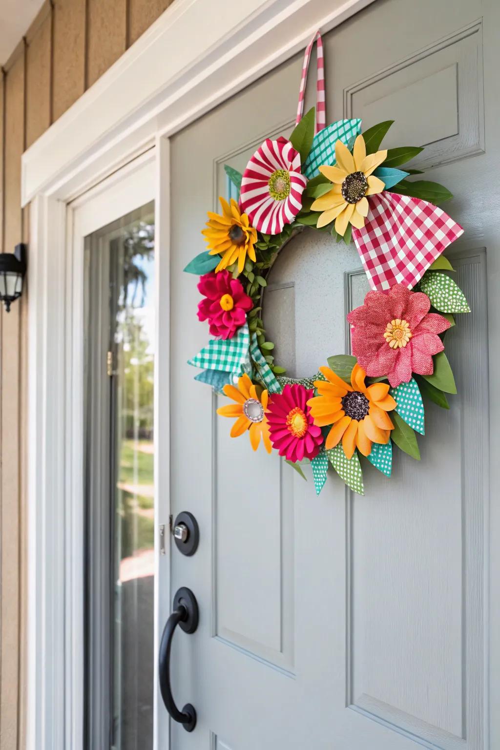 A playful wreath with buffalo check and vibrant paper flowers.