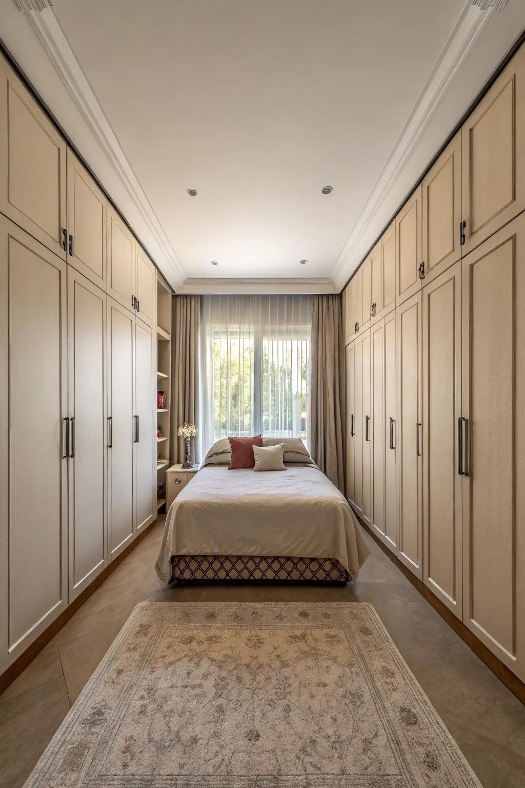 Tall wardrobes add symmetry and storage to a bedroom layout.