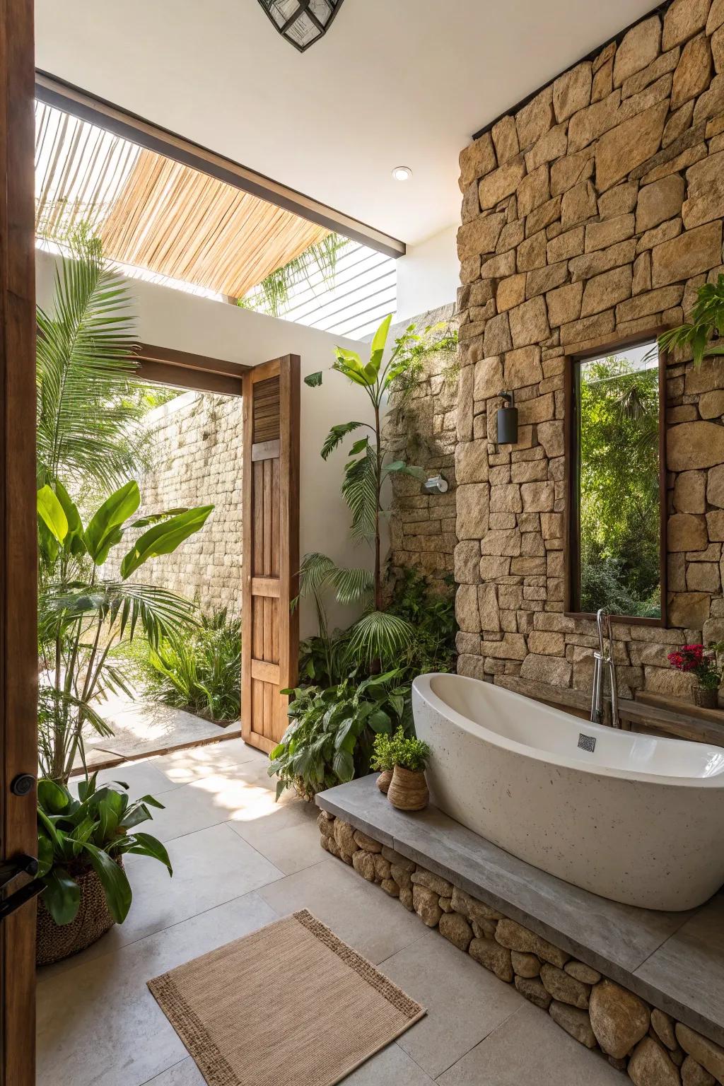 A nature-inspired oasis with stacked stone and greenery.