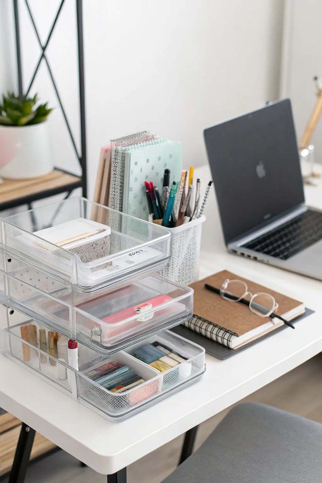 Organizer trays help keep your standing desk free of clutter.