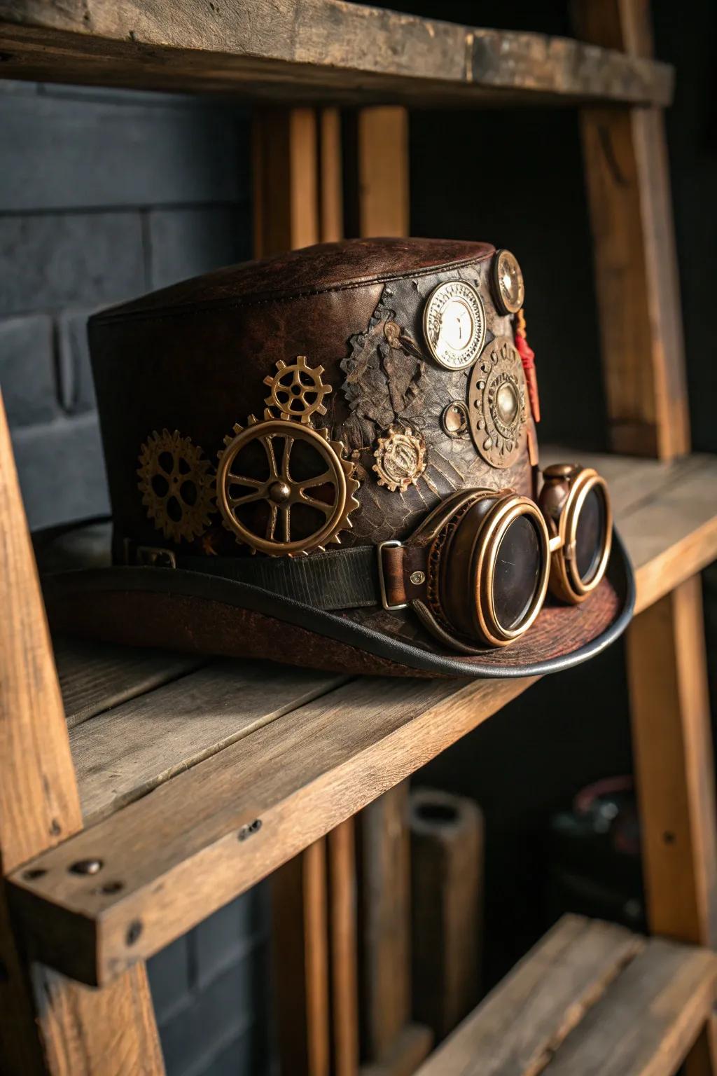 Add a touch of steampunk flair to your decor with this exquisitely crafted hat, where vintage meets modern craftsmanship.