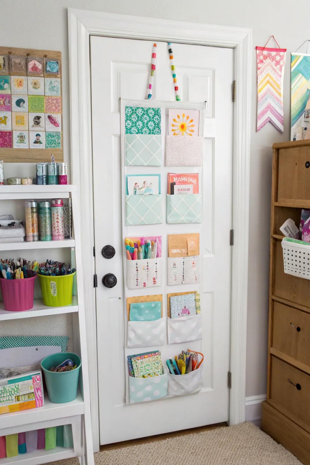 Over-the-door organizers are perfect for maximizing storage in small crafting spaces.