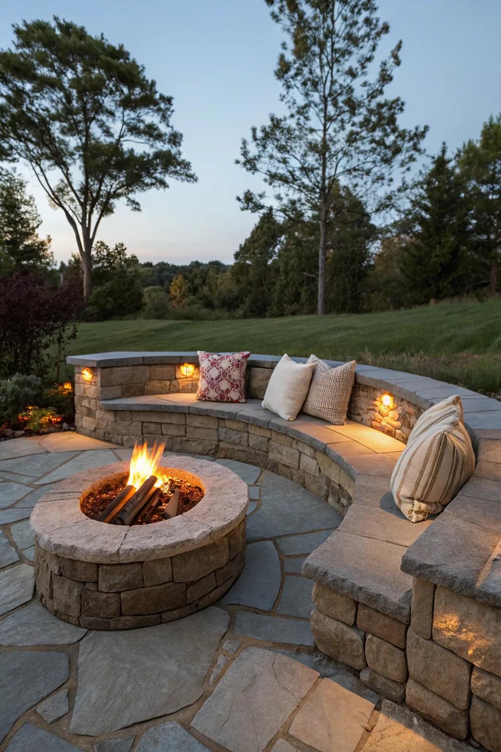 Stone fire pit with a seating wall offers comfort and style.