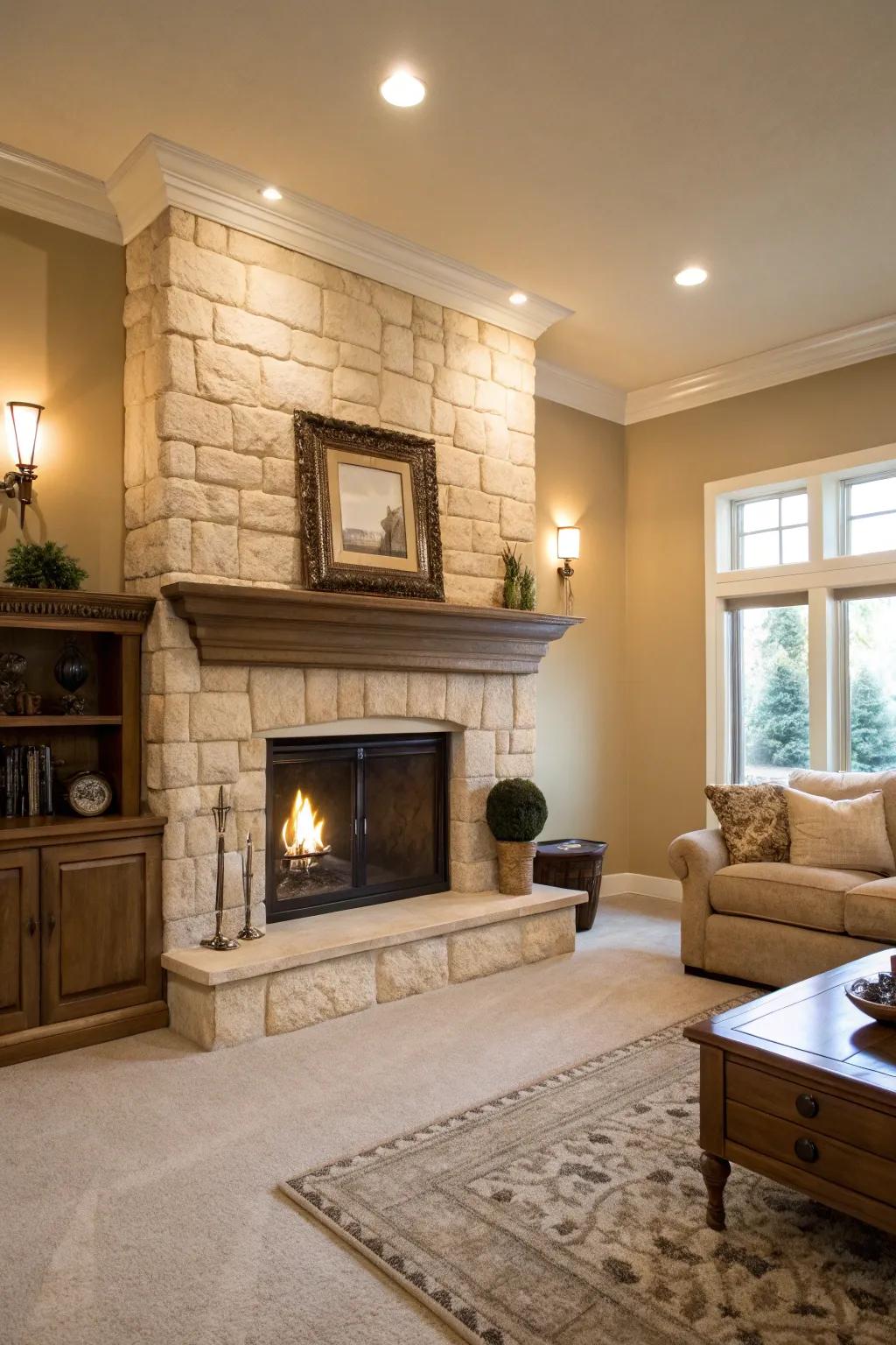 Neutral tones harmonize beautifully with a beige stone fireplace.