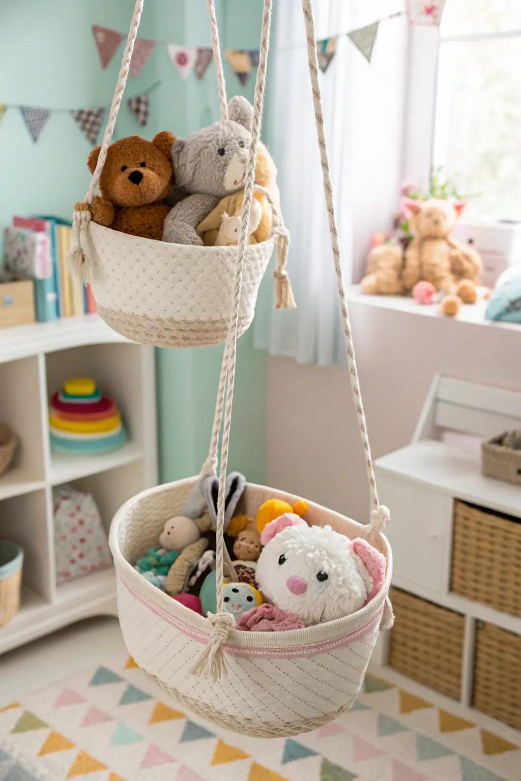 Hanging baskets keep stuffed animals off the floor and within reach.