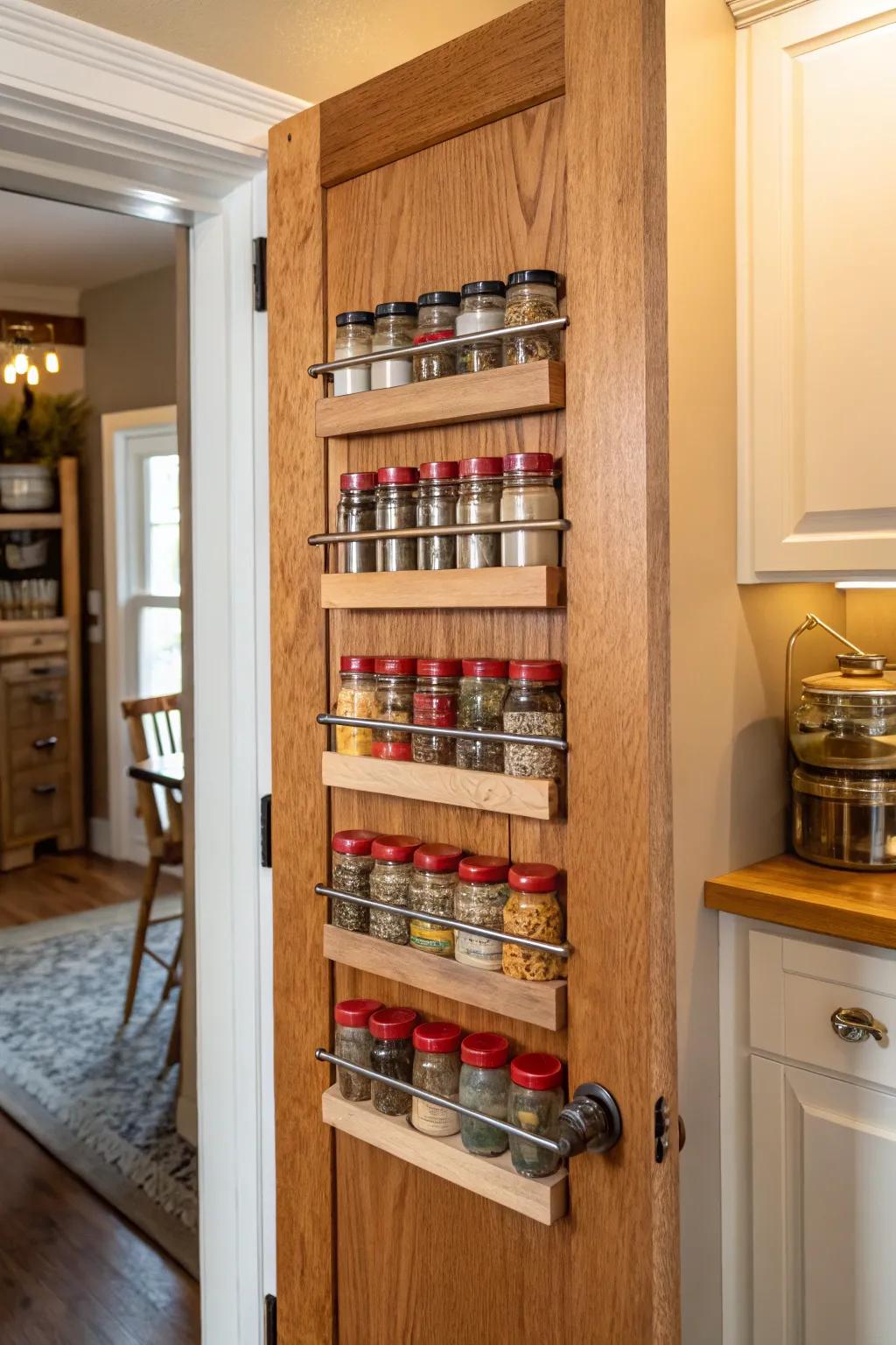 Custom spice rack keeps spices organized and accessible.