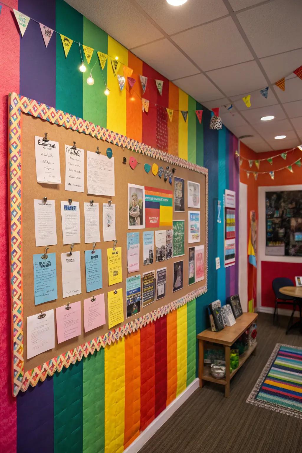 Wall-mounted display of bulletin board borders for easy access.