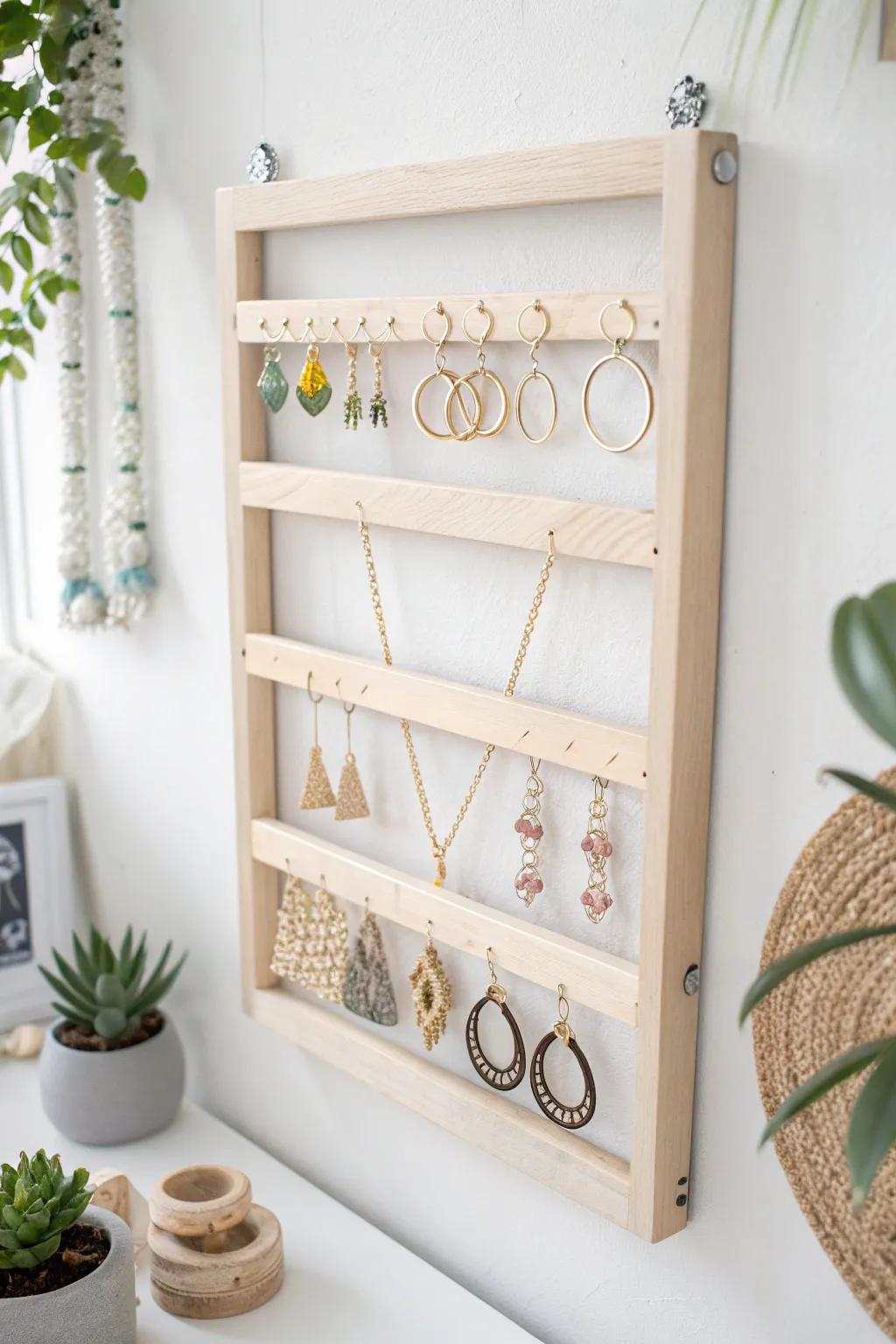 Elevate your earring collection with a chic, wall-mounted display that blends Scandinavian minimalism with boho elegance.