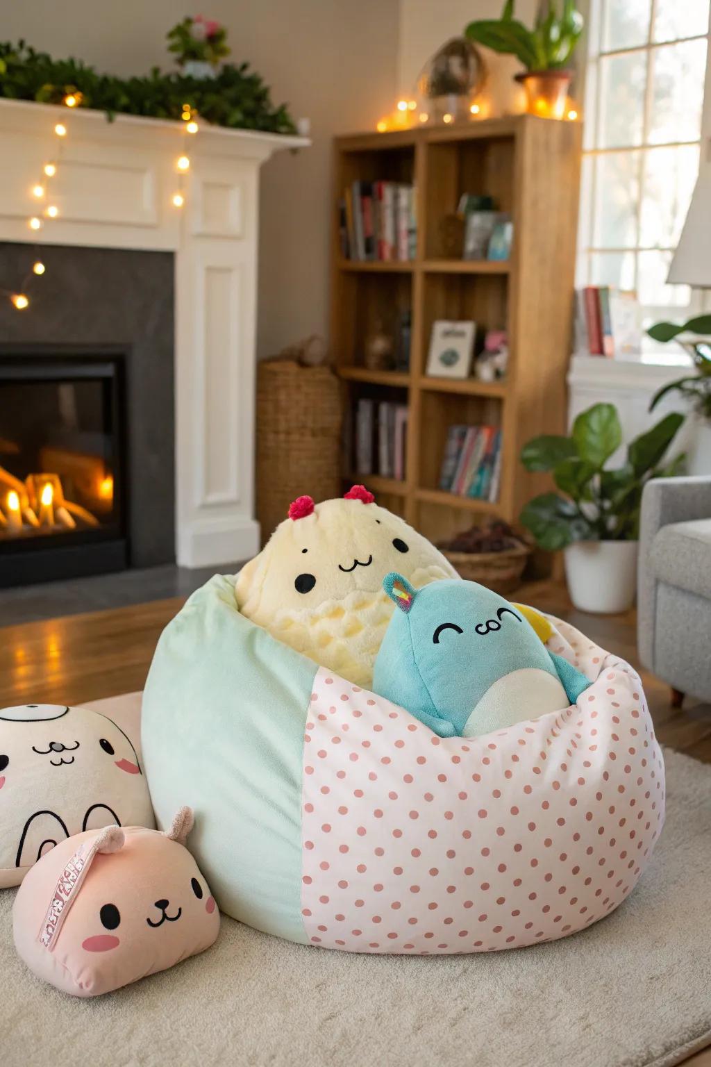 A bean bag chair filled with Squishmallows offers both storage and seating.