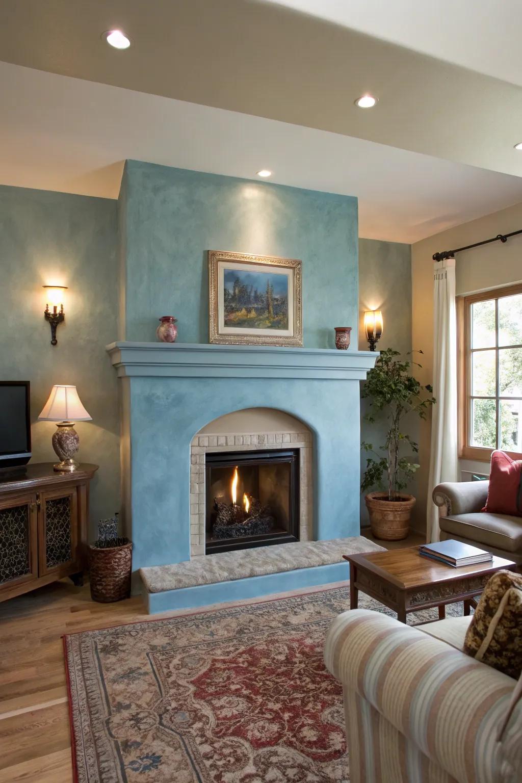 A tinted stucco fireplace in soft blue adds a serene touch to this living room.