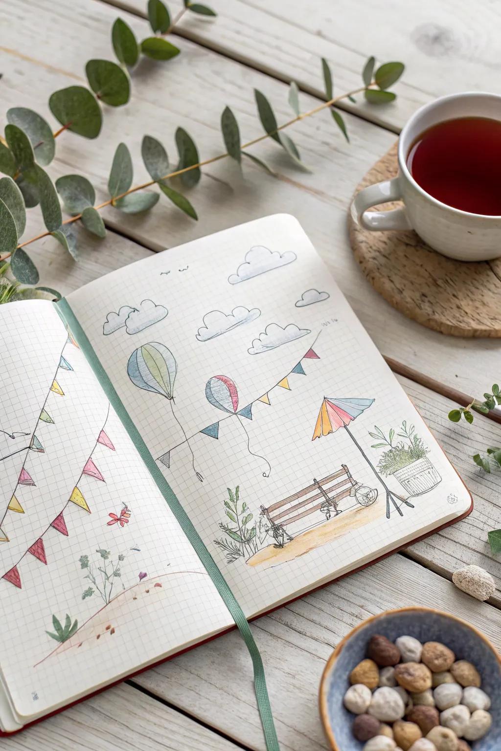 Capture the essence of summer with simple doodles that celebrate picnics and kite flying. Let your creativity soar in the gentle embrace of minimalist beauty.