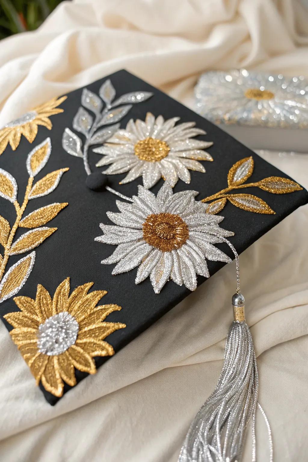 Shimmer and Shine: Elevate your graduation cap with dazzling metallic sunflowers for a touch of elegance.