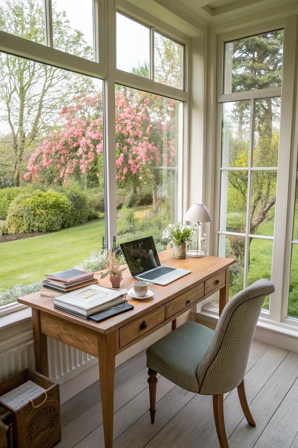 A chic home office in a sunroom offering a serene and productive environment.