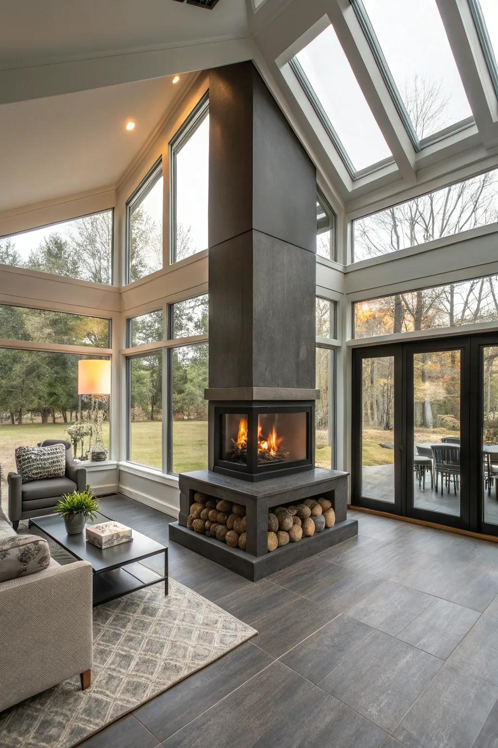 A double-sided fireplace offering warmth and connection between a sunroom and adjacent space.