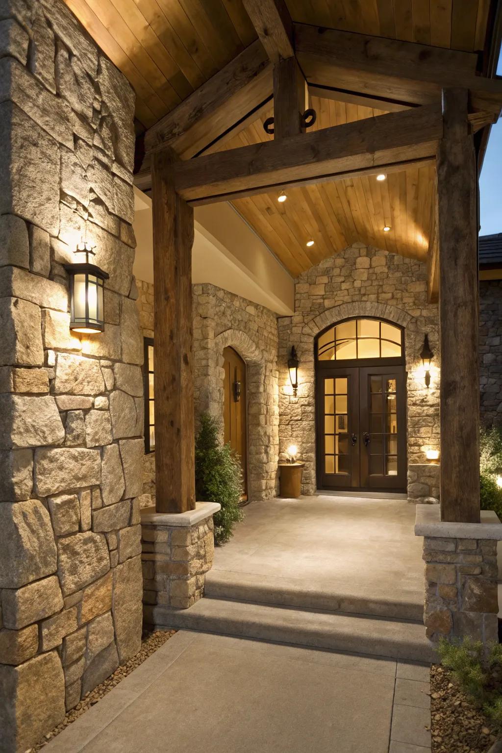 Entryway with stone accents complementing stylish beams.