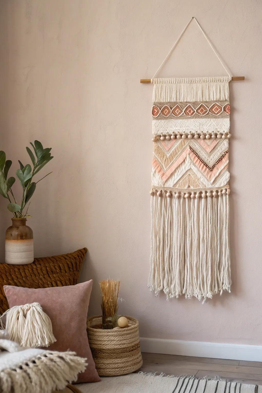 Elevate your space with sustainable art: a beautiful blend of textures and colors in this recycled wall hanging.