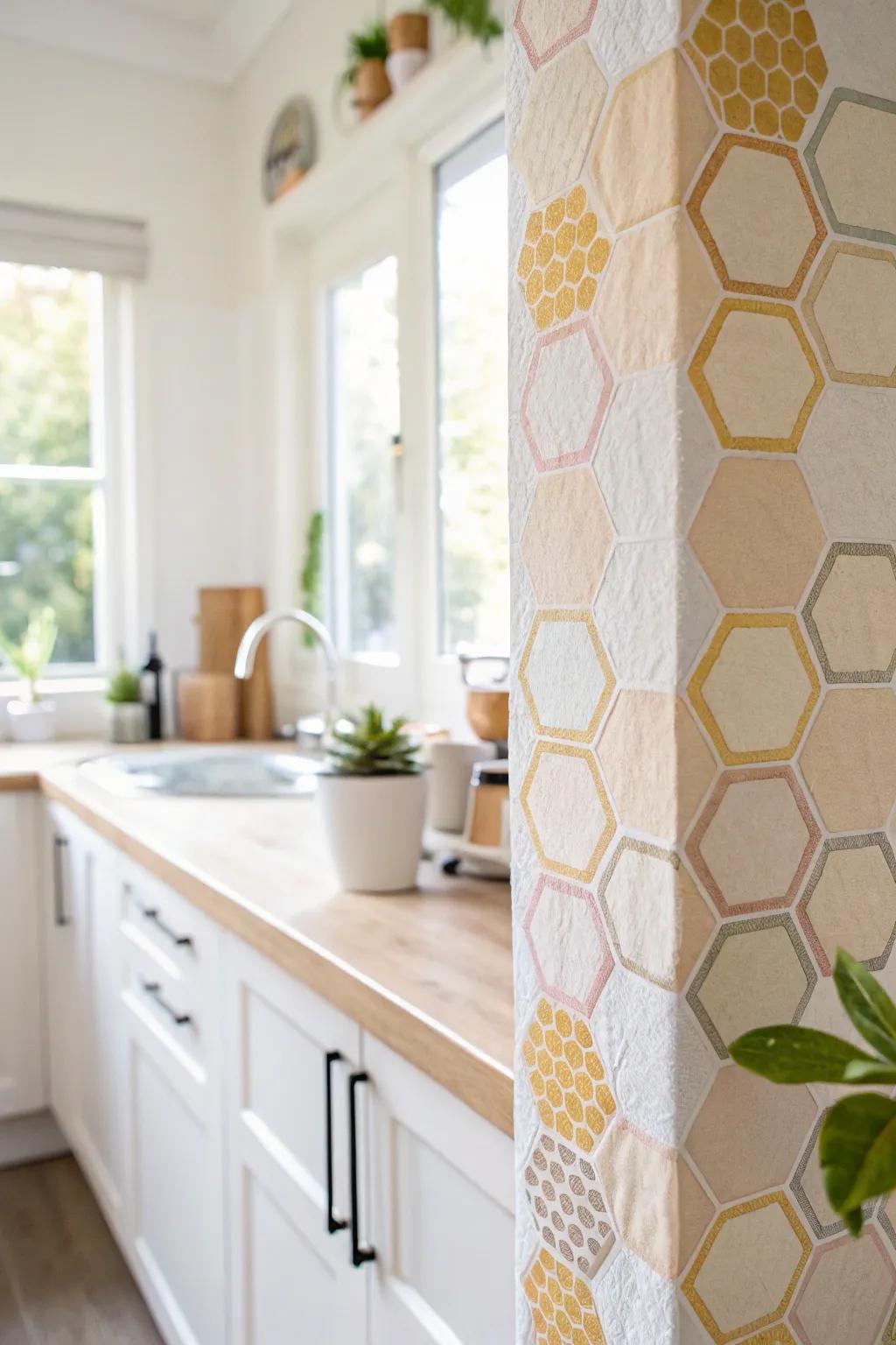 Bring a touch of whimsy and warmth to your kitchen with a delightful honeycomb tape painting design.