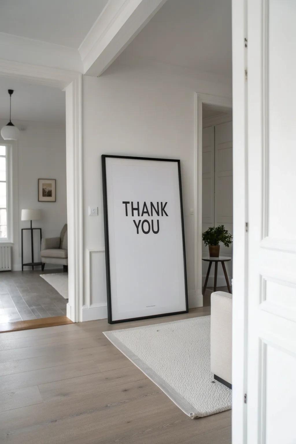 A minimalist black and white thank you poster adds elegance to any room.