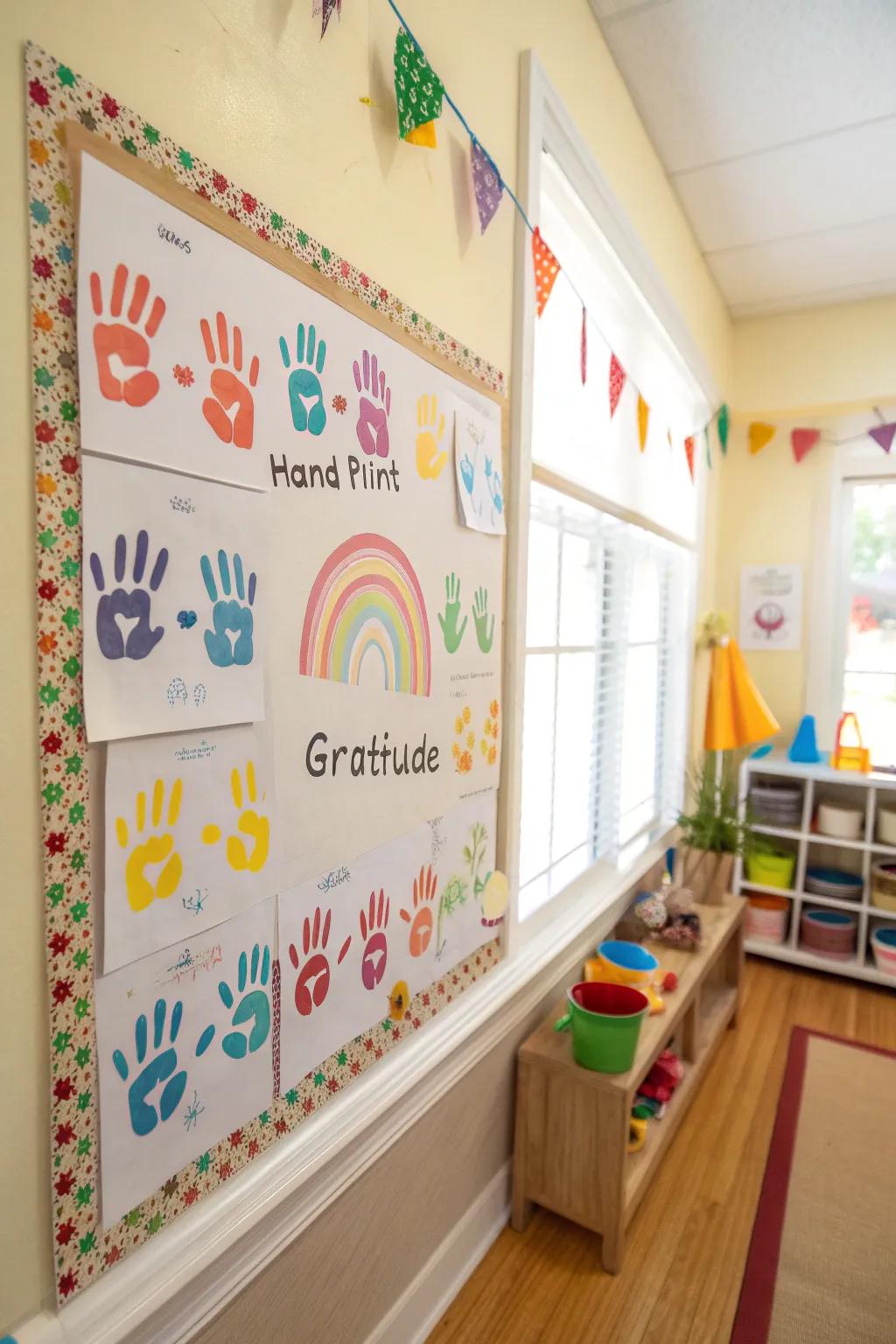 A vibrant display of Grateful Handprints full of heartfelt messages.