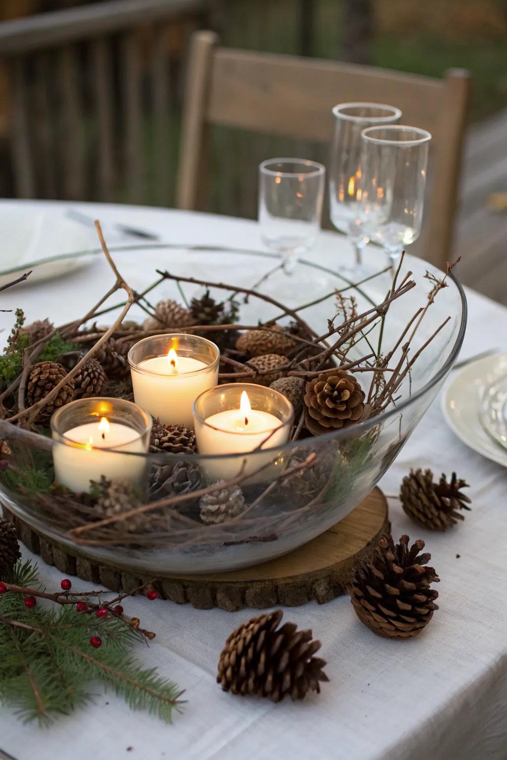 Woodland elements combined with floating candles for a rustic Thanksgiving centerpiece.