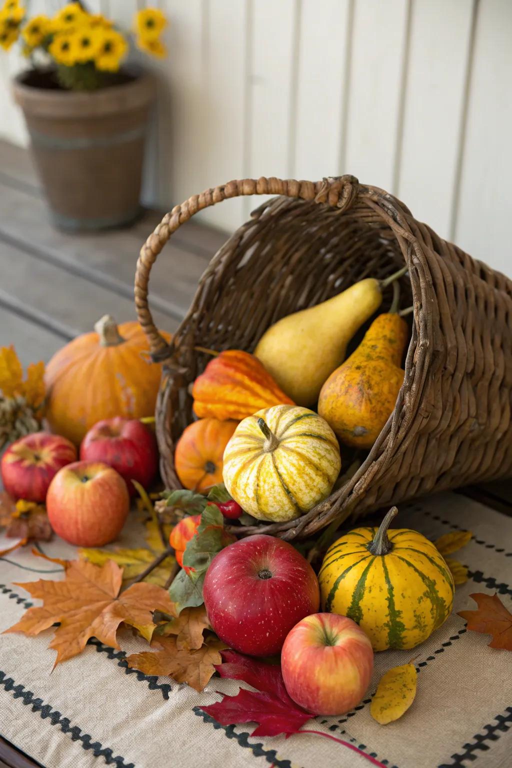 A traditional cornucopia centerpiece filled with autumn bounty.