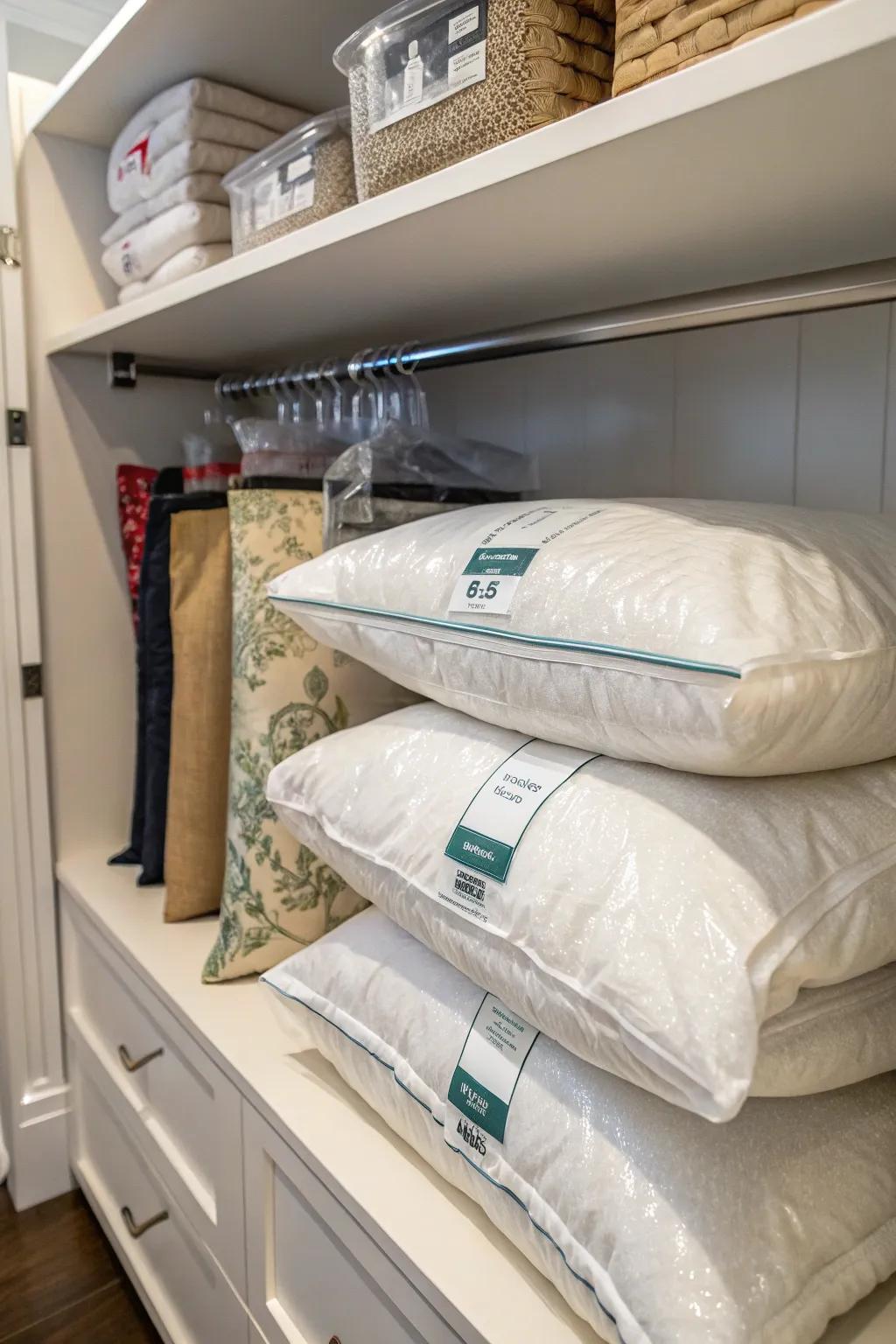 Space-saving vacuum-sealed bags for throw pillow storage.