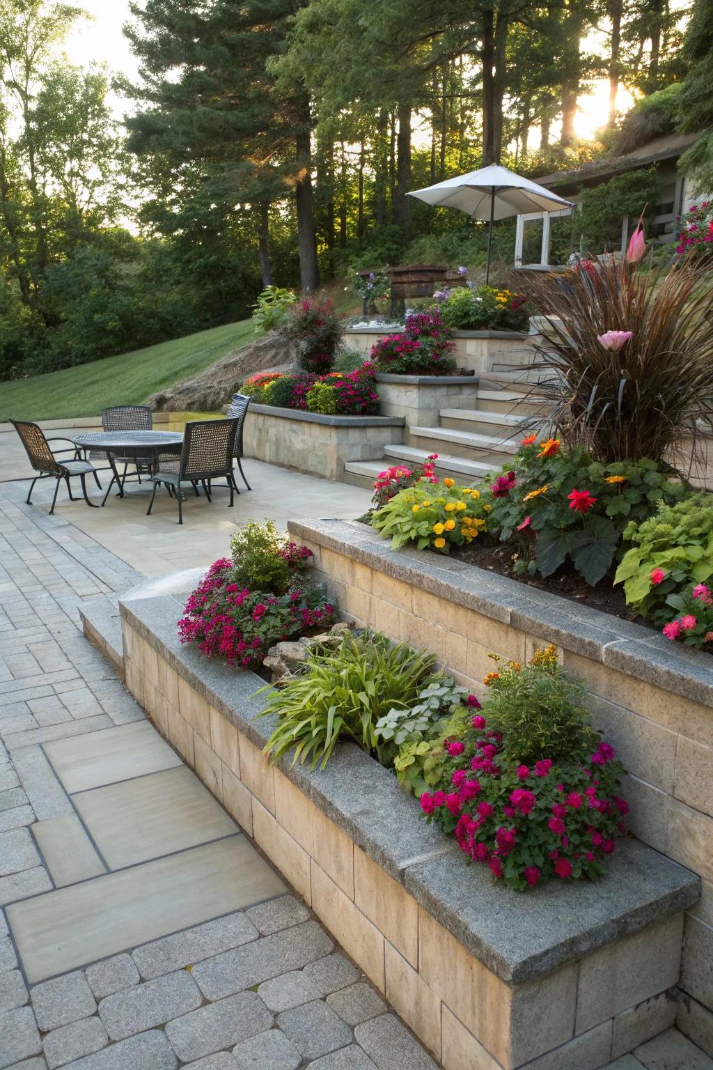 Built-in planters add greenery and structure to a tiered patio.