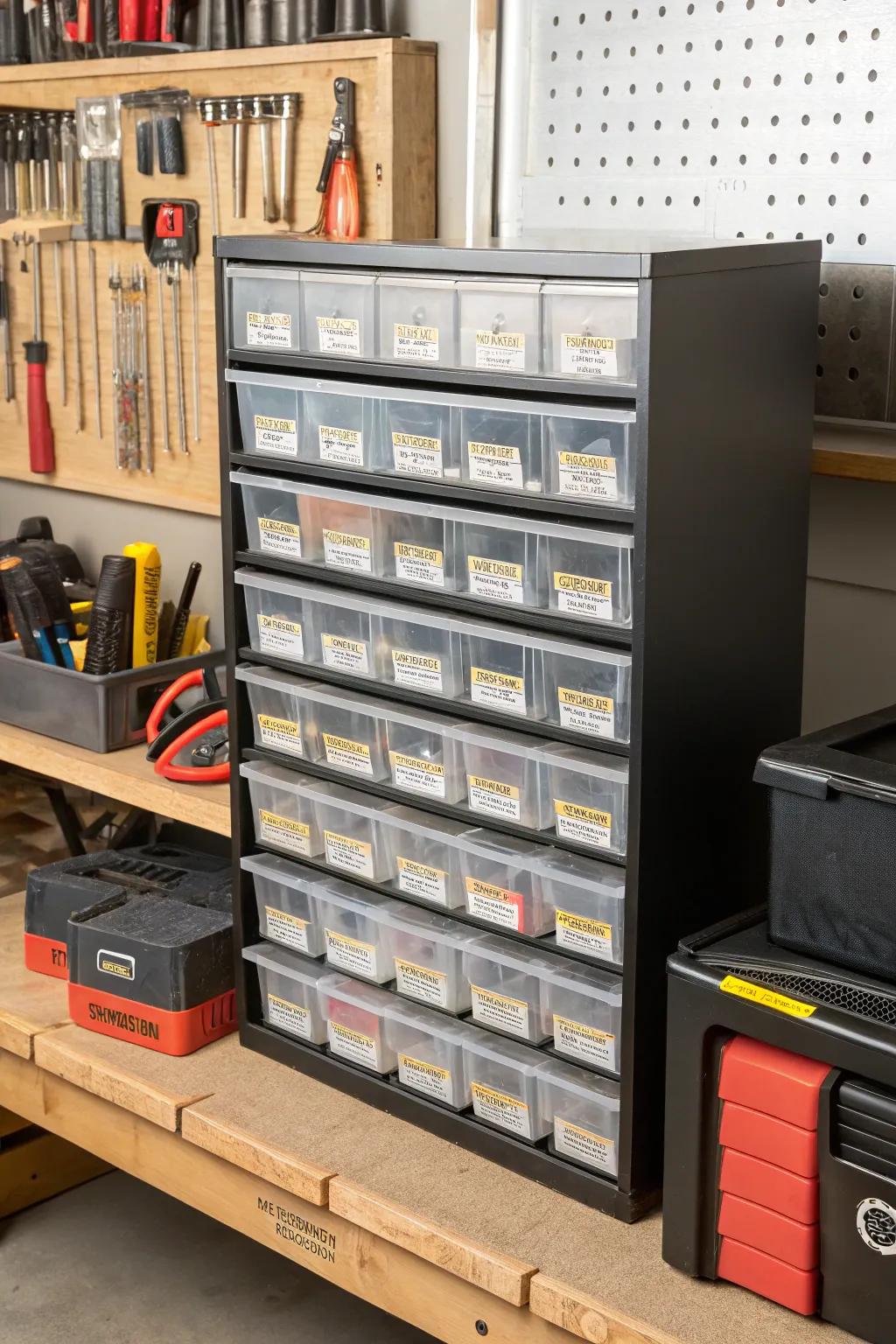 Clear storage bins labeled for small items in a tool crib.