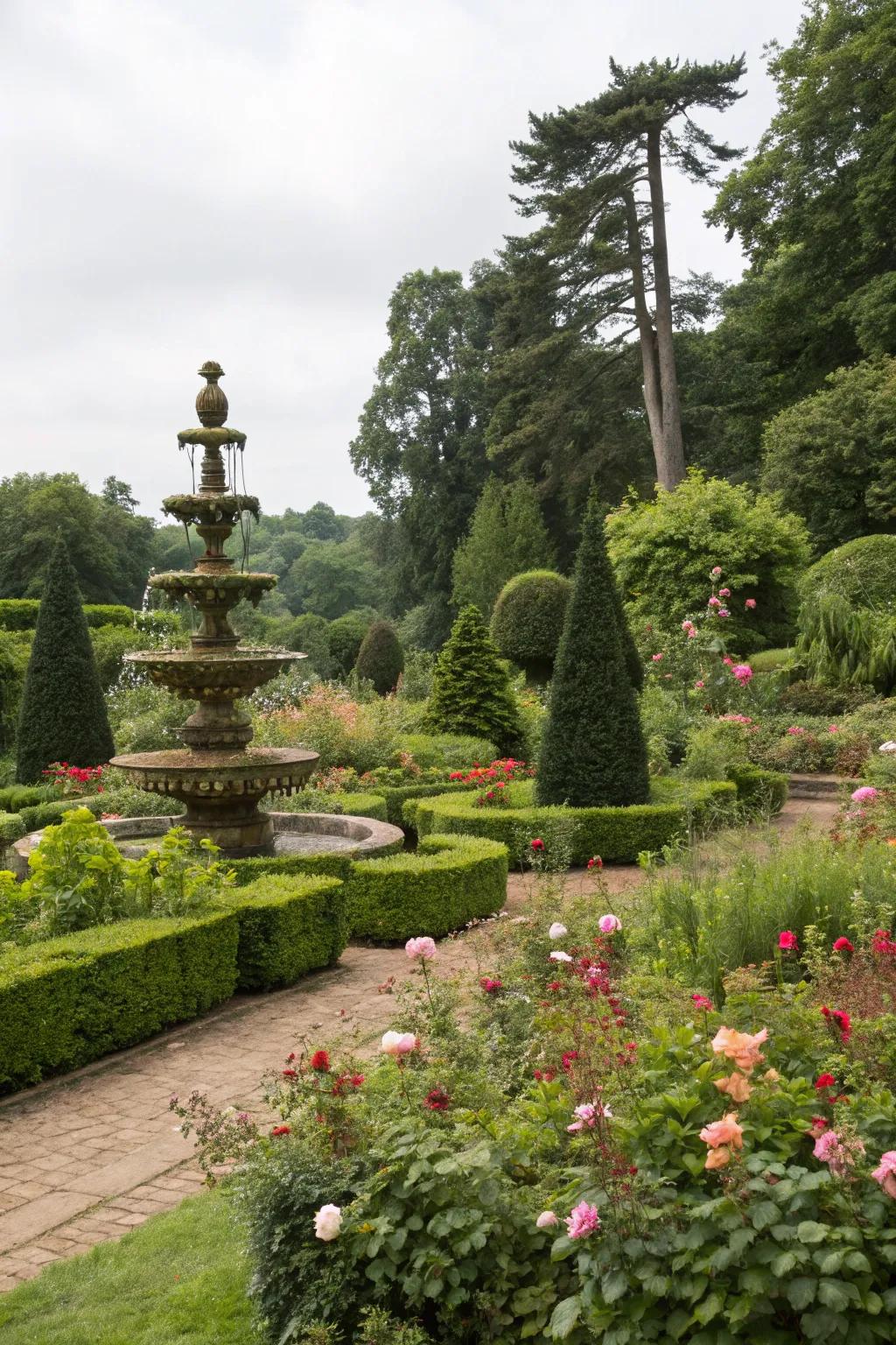 Layered tiered topiary providing elegance and focus in the garden.