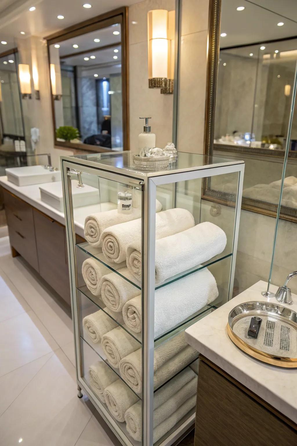 A glass display case elegantly showcases your towel collection.