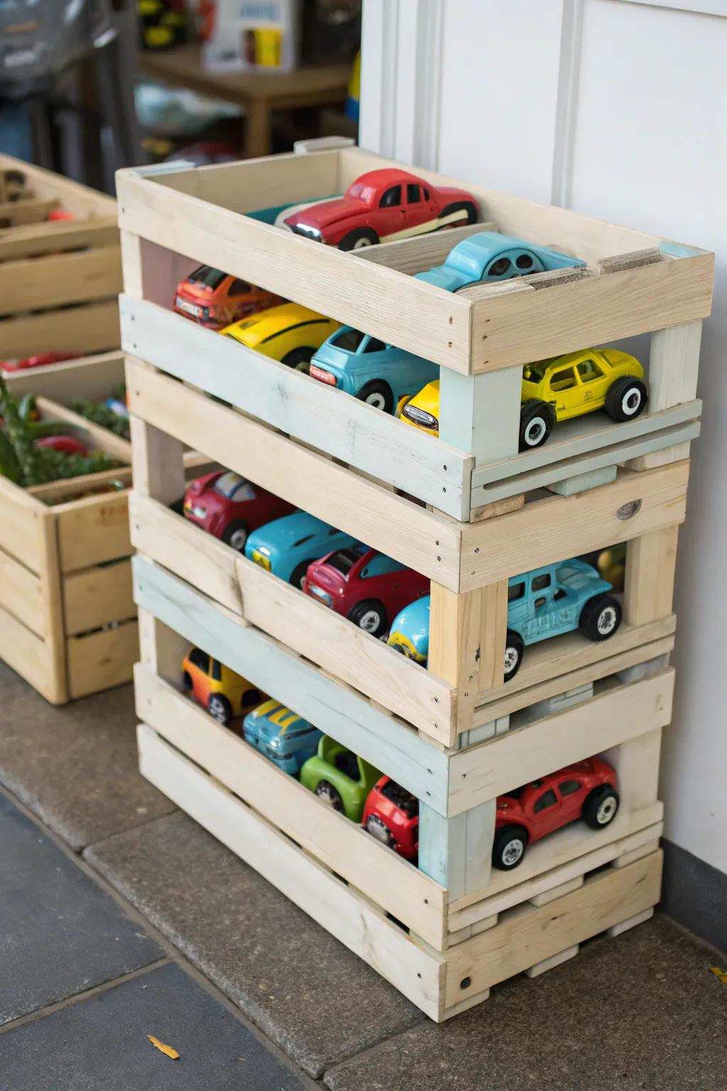 A rustic wooden crate garage for toy cars.