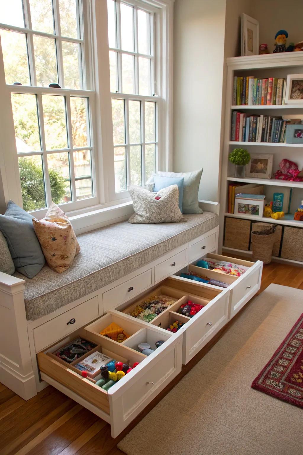 A window seat with drawers provides discreet toy storage.