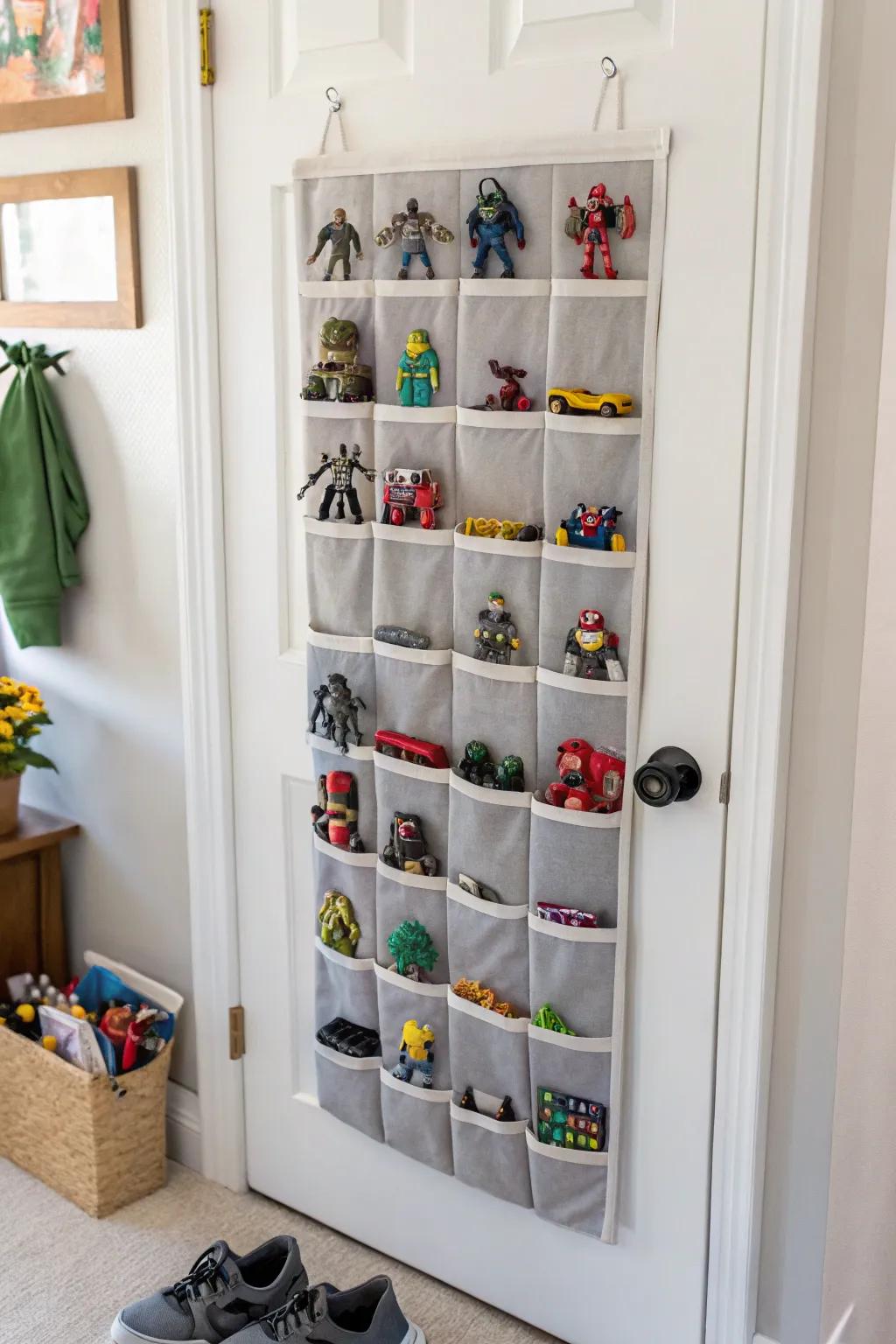 Shoe organizer repurposed for small toy storage.