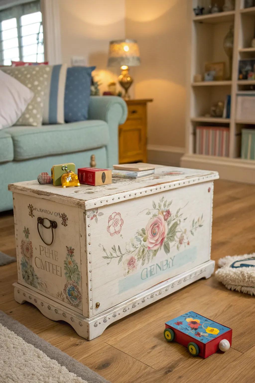 A shabby chic toy box fits elegantly into any living room decor.