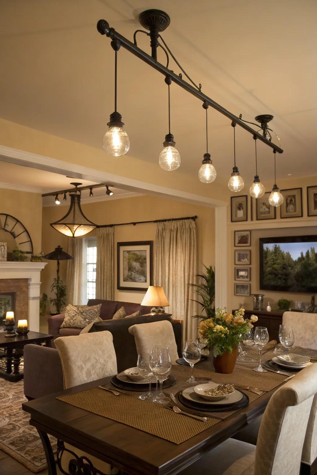 A harmonious blend of track and pendant lighting in the living room.