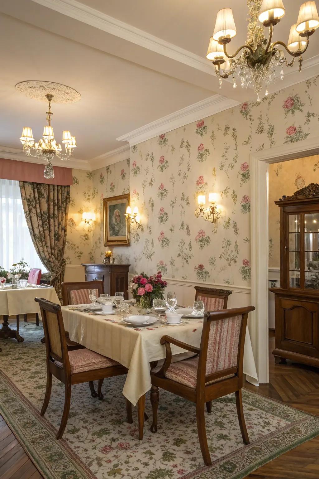 Patterned wallpaper adds depth and elegance to the dining room walls.