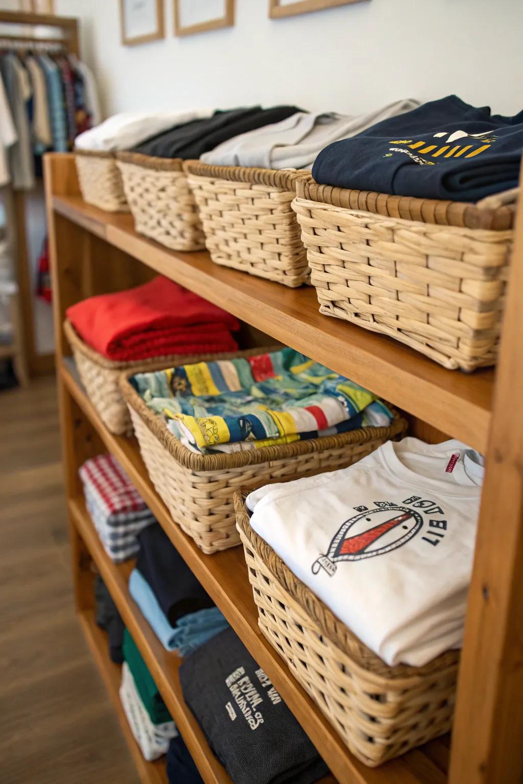 T-shirts neatly stored in baskets on open shelves.