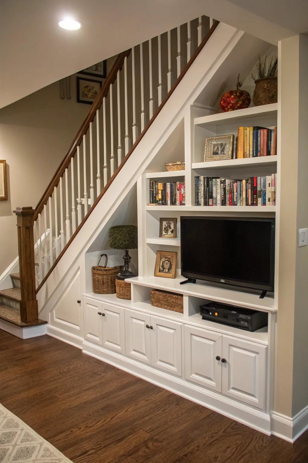 A built-in bookcase and TV unit under the stairs creating a cozy nook.