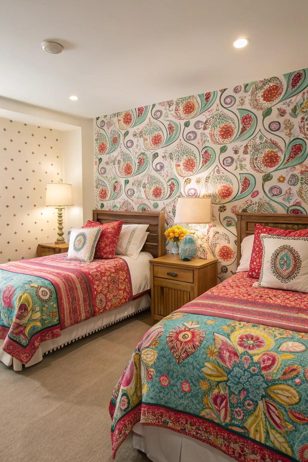 Bold patterns infuse the twin bedroom with personality.