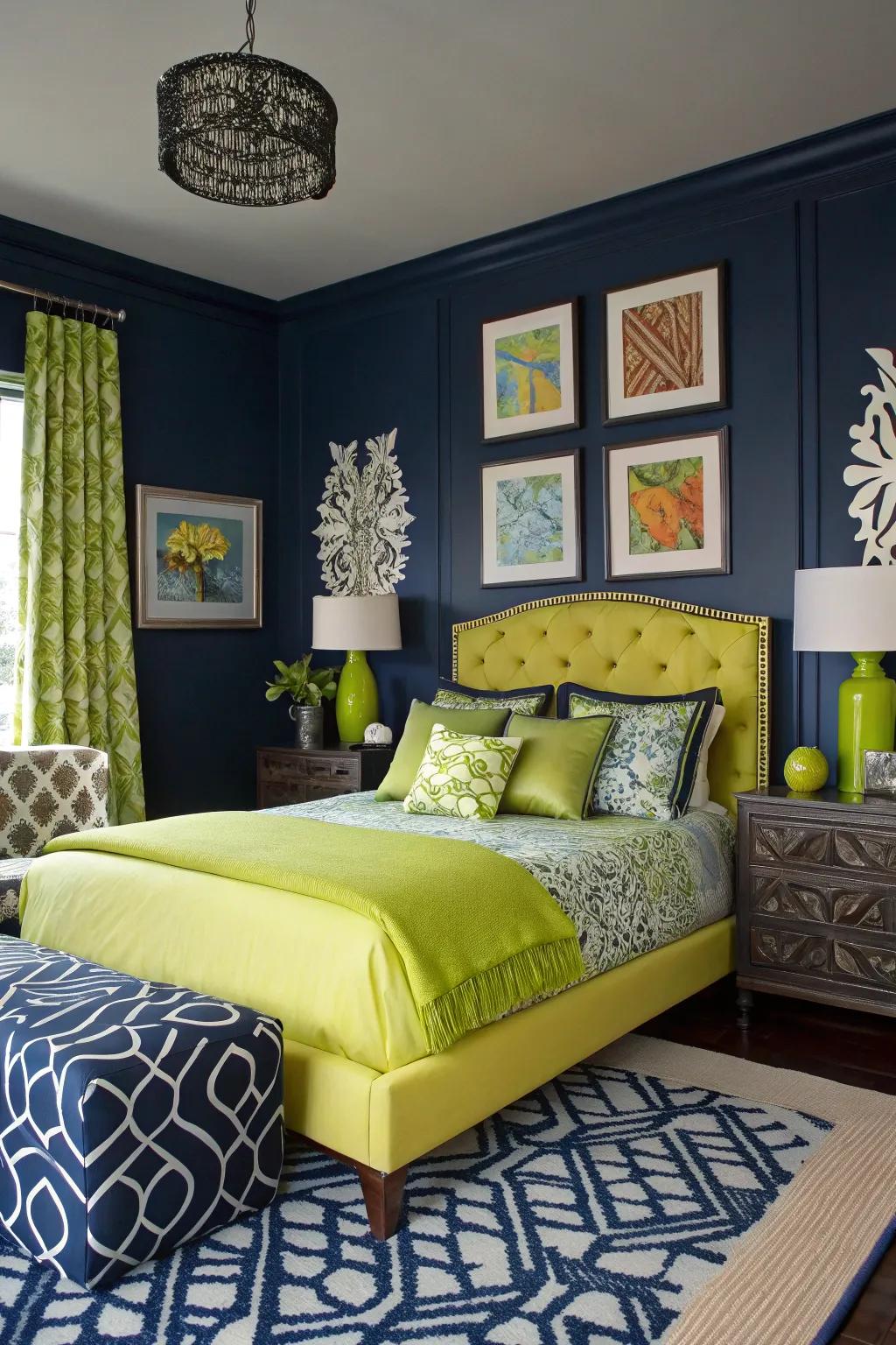 A striking two-tone bedroom in navy and chartreuse with bold elements.