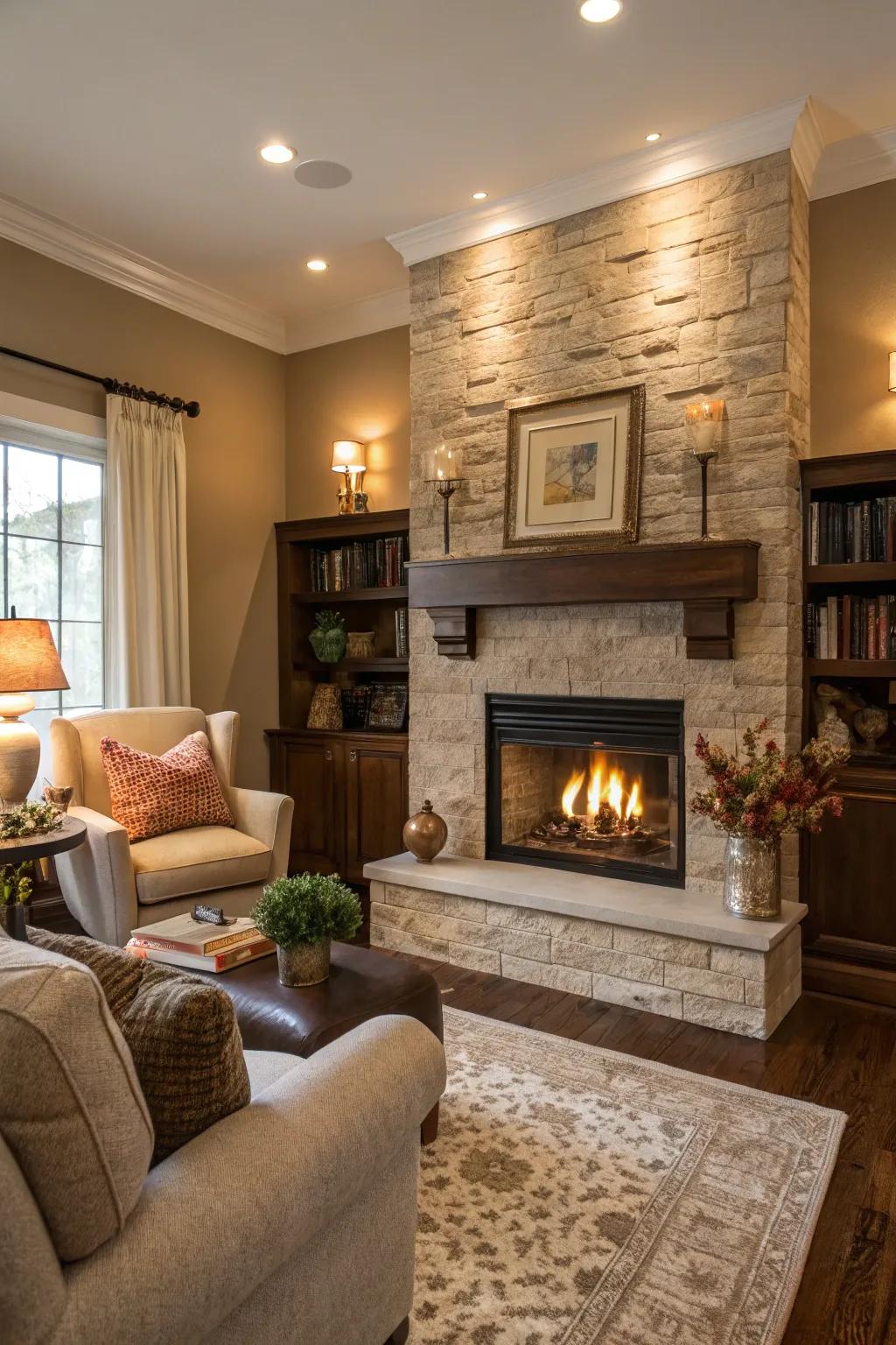 A cozy living room with a highlighted fireplace using two-tone paint.