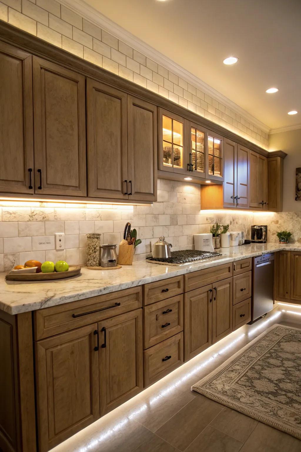 Tape lights provide a subtle and even glow under cabinets.