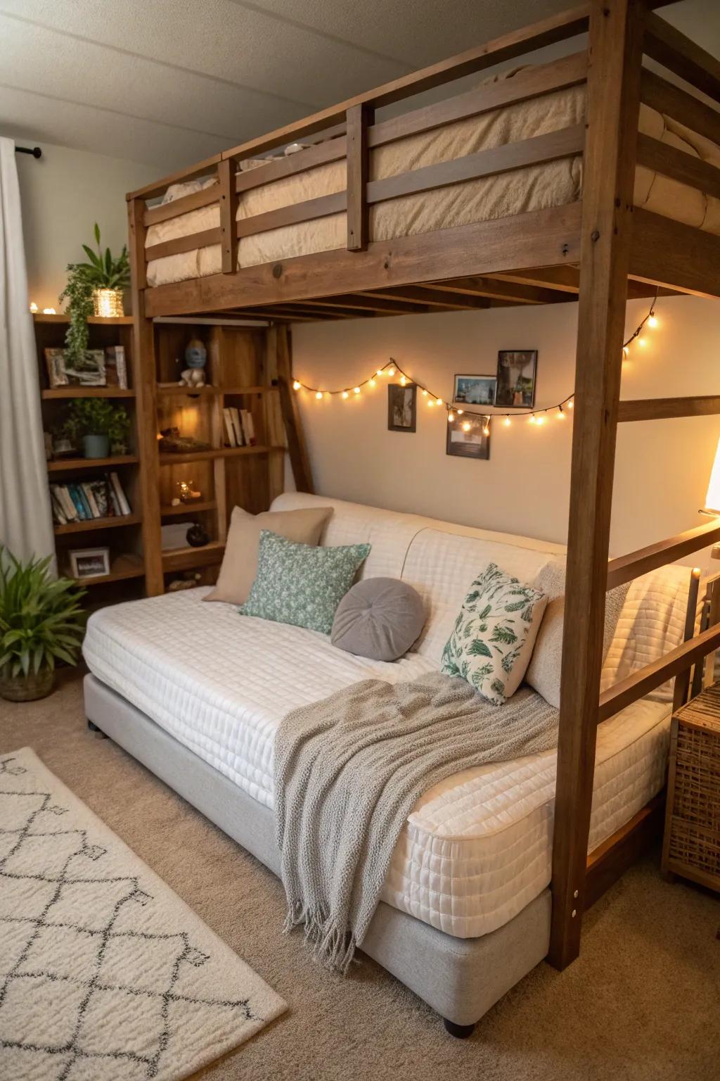 A guest-friendly sleeping spot under a loft bed.