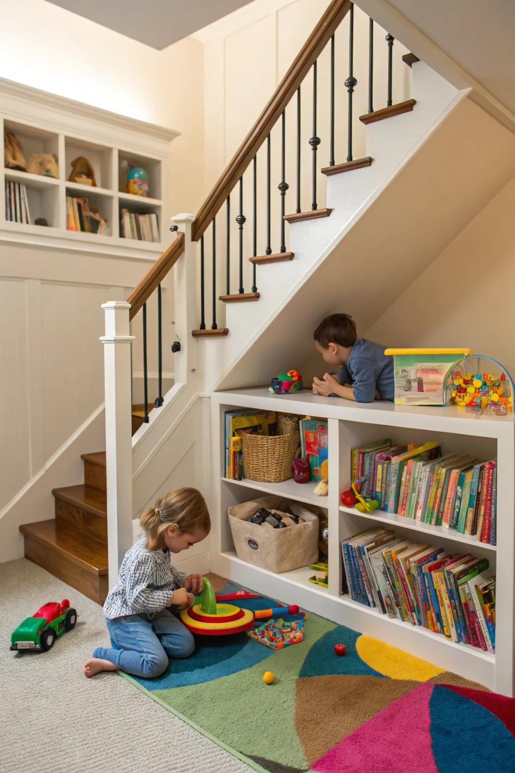 A delightful play area for kids, cleverly tucked under the stairs.