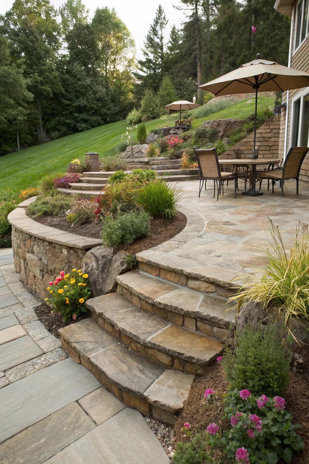 Steps creatively integrated into sloped patios add both function and visual interest.